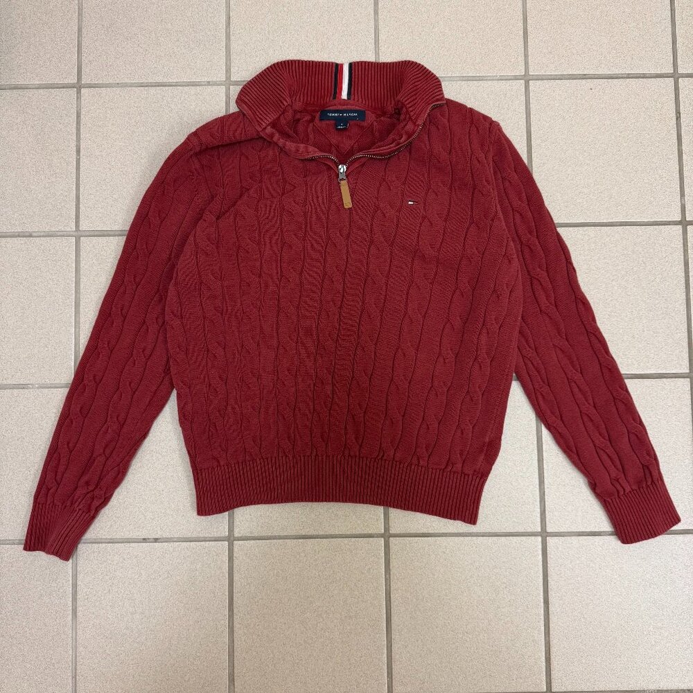 Tommy Hilfiger Red Cable Knit Quarter Zip Sweater Size M
